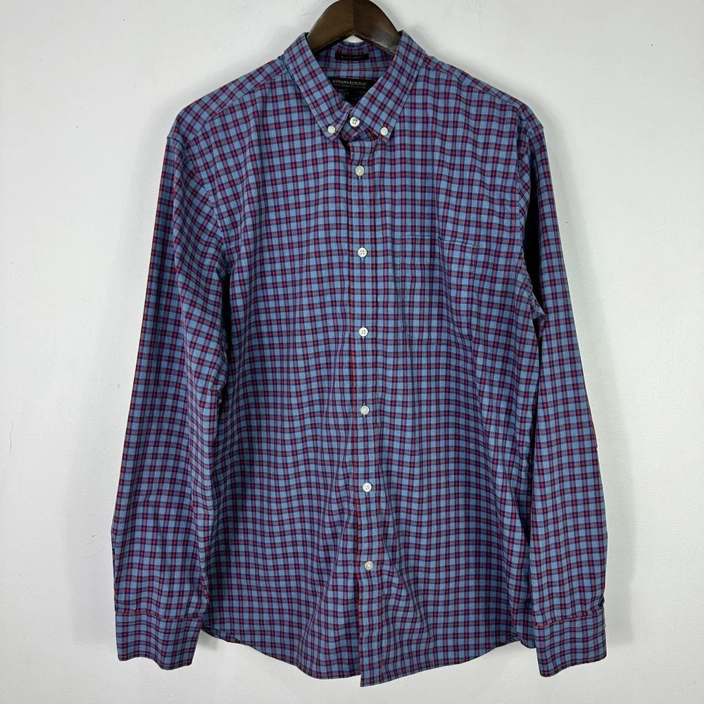 Banana Republic Button Down Shirt Mens‎ XL Blue Plaid Slim Flex Tech Stretch